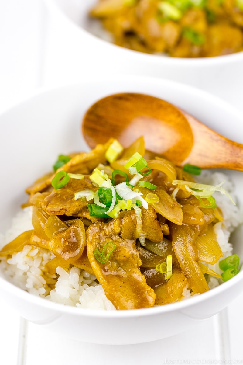 A white bowl containing pork curry over steamed rice.