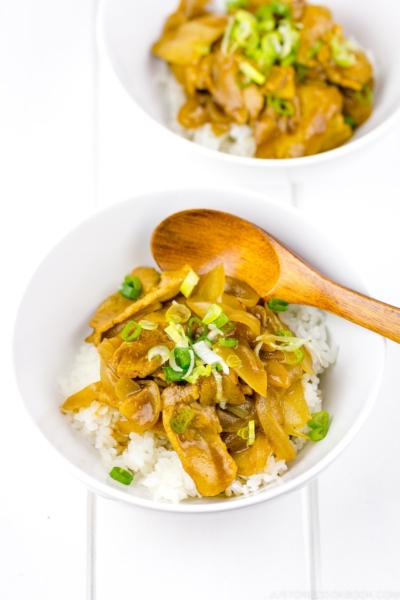 A white bowl containing pork curry over steamed rice.