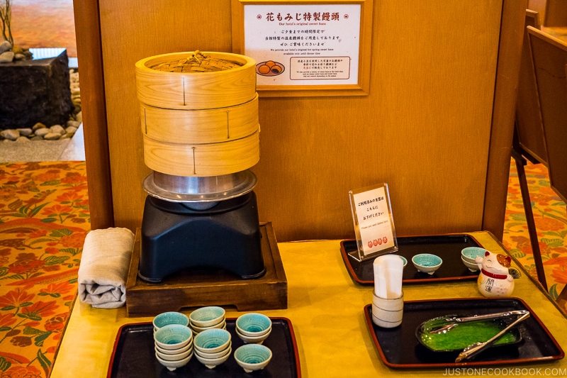 Hana Momiji manju in a steamer on a table