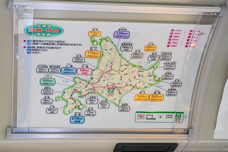 map of Hokkaido and driving time to the various locations