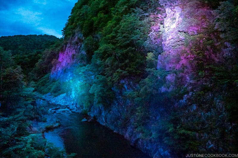the gorges along Toyohira River lit up at night