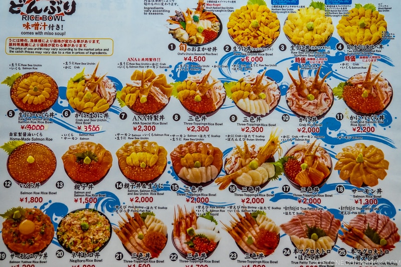 donburi menu with pictures of various seafood bowls at Takeda restaurant