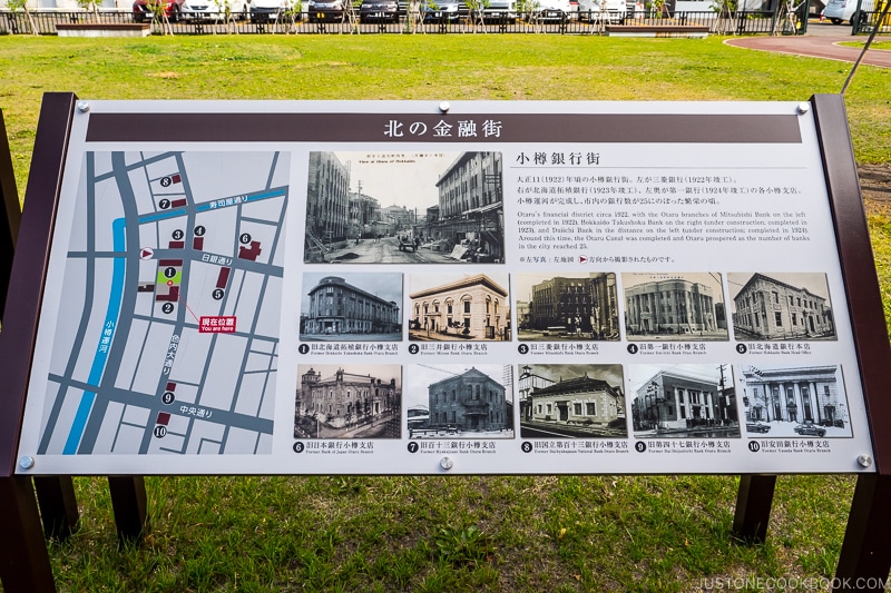 board showing Otaru's historic financial district and its buildings