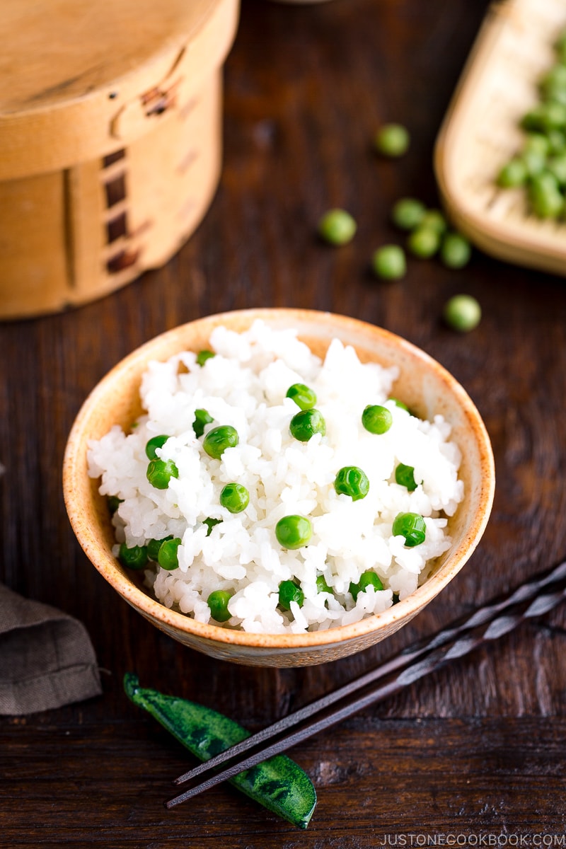 A ceramic rice bowl containing Mame Gohan (Green Pea Rice).