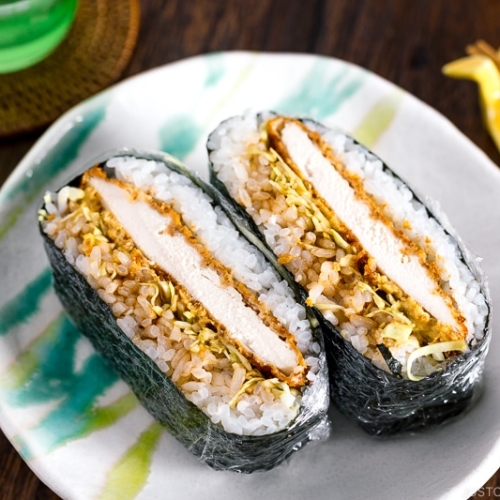 A plate containing Chicken Katsu Onigirazu.