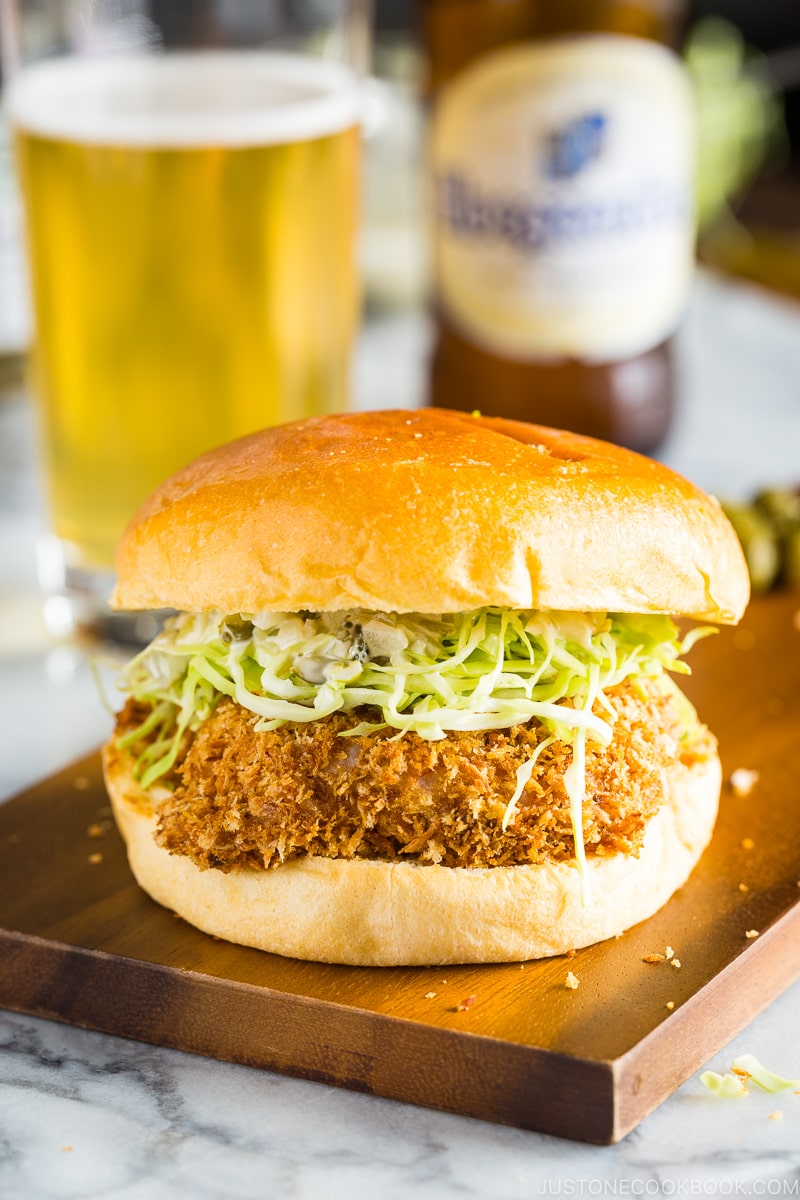 A ebi katsu burger (shrimp cutlet burger) on the mini cutting board.