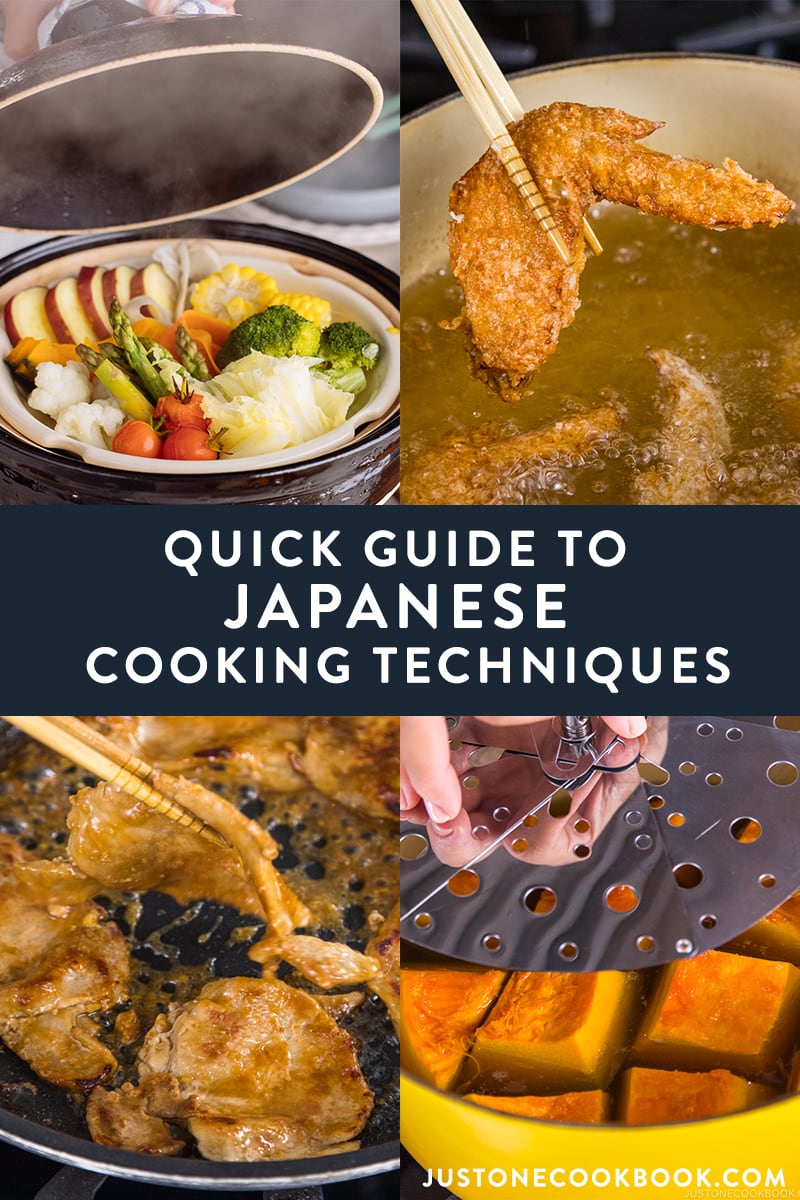 a collage of japanese cooking technique featuring simmering, steaming, cooking over direct heat, and deep frying