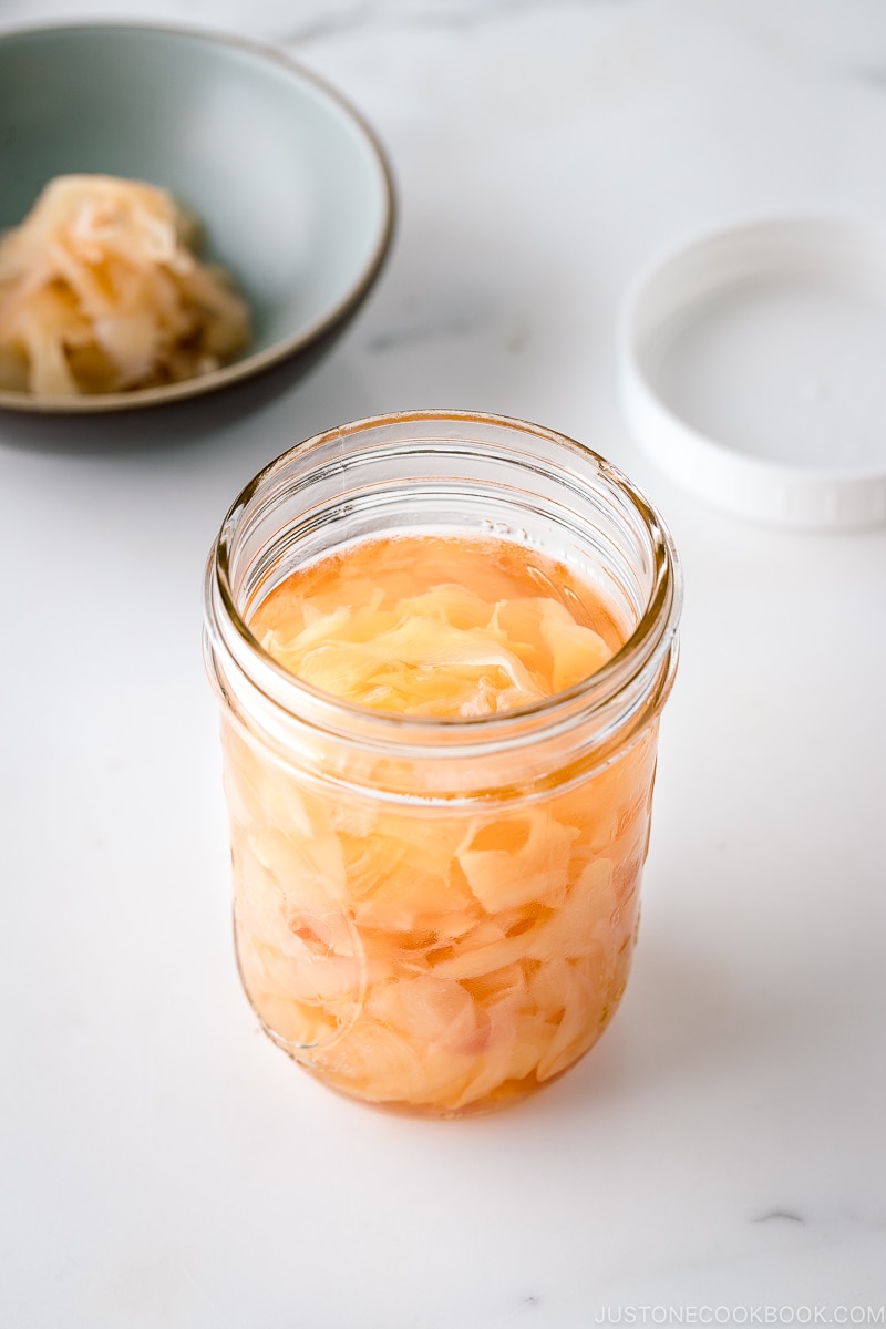 A mason jar containing Pickled Sushi Ginger.