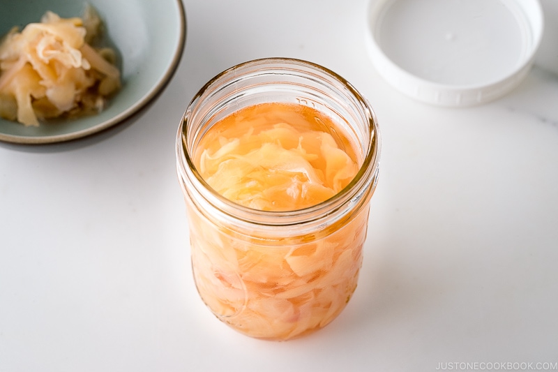 A mason jar containing Pickled Sushi Ginger.