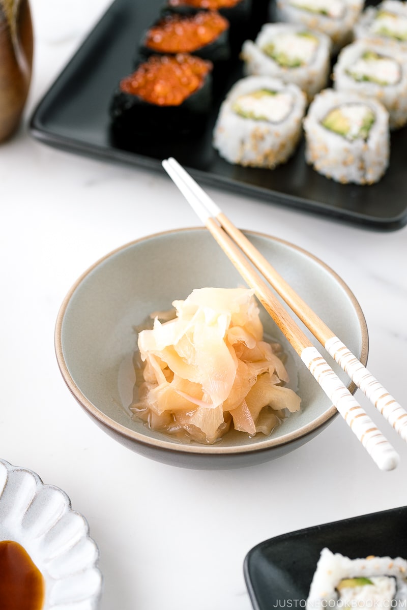 A ceramic bowl containing freshly made Pickled Sushi Ginger (Gari).