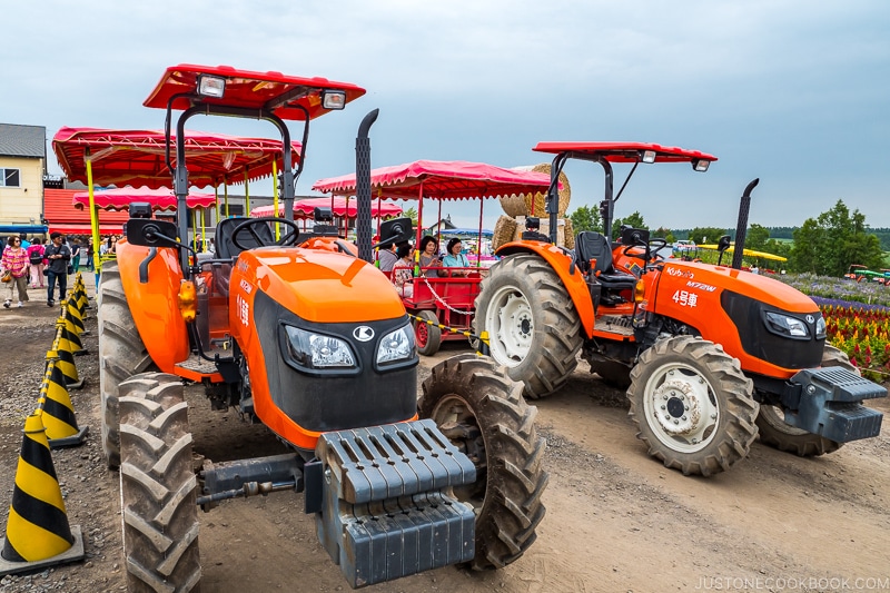 tractors pulling tourists at Panoramic Flower Gardens Shikisai-no-oka