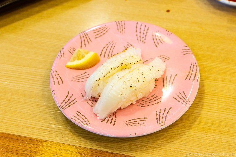 seared hirame sushi at conveyor belt sushi Toppi sushi