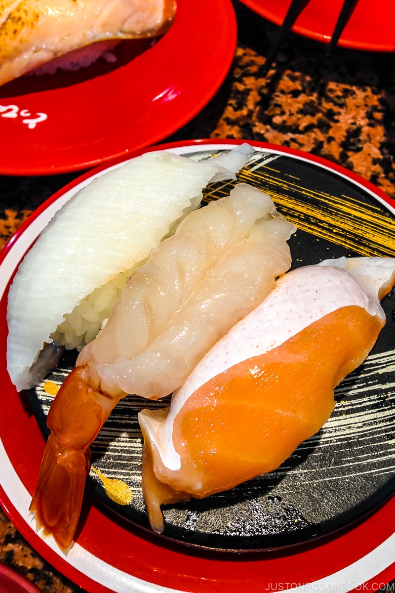 shrimp salmon and hirame sushi at conveyor belt sushi Toppi sushi