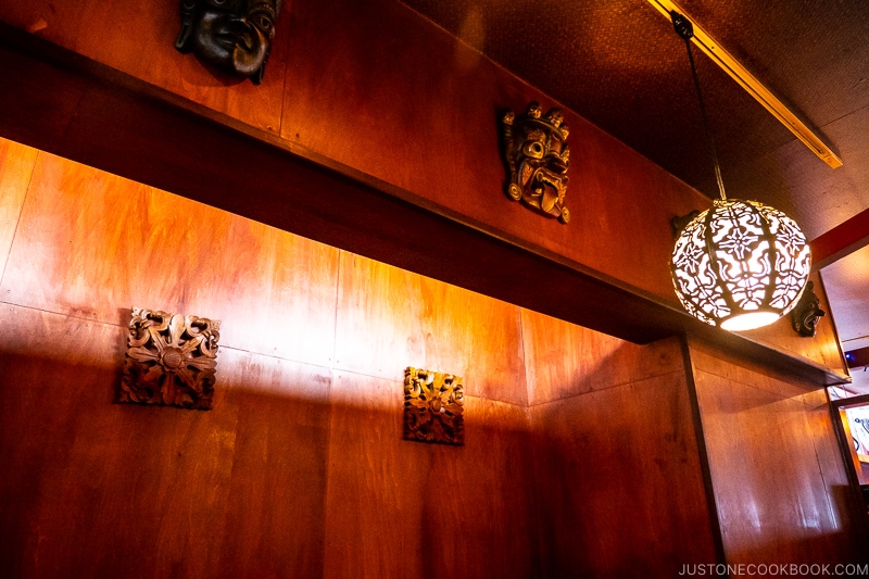 wood wall and decoration at soup curry Picante Restaurant