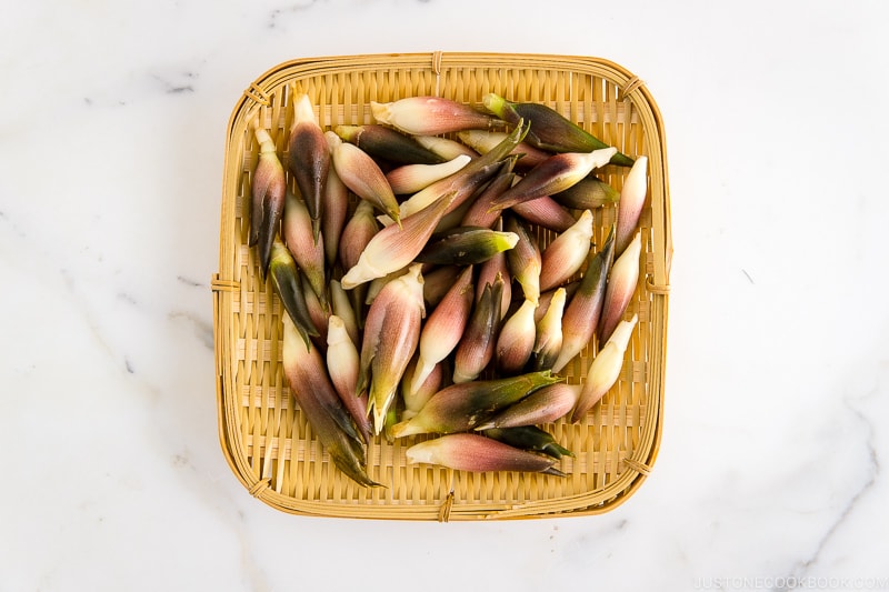 A Japanese bamboo tray containing Myoga (Japanese Ginger).