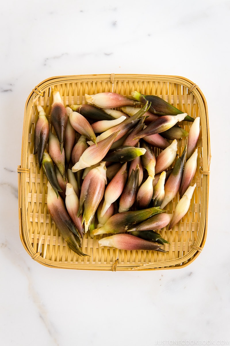 A Japanese bamboo tray containing Myoga (Japanese Ginger).