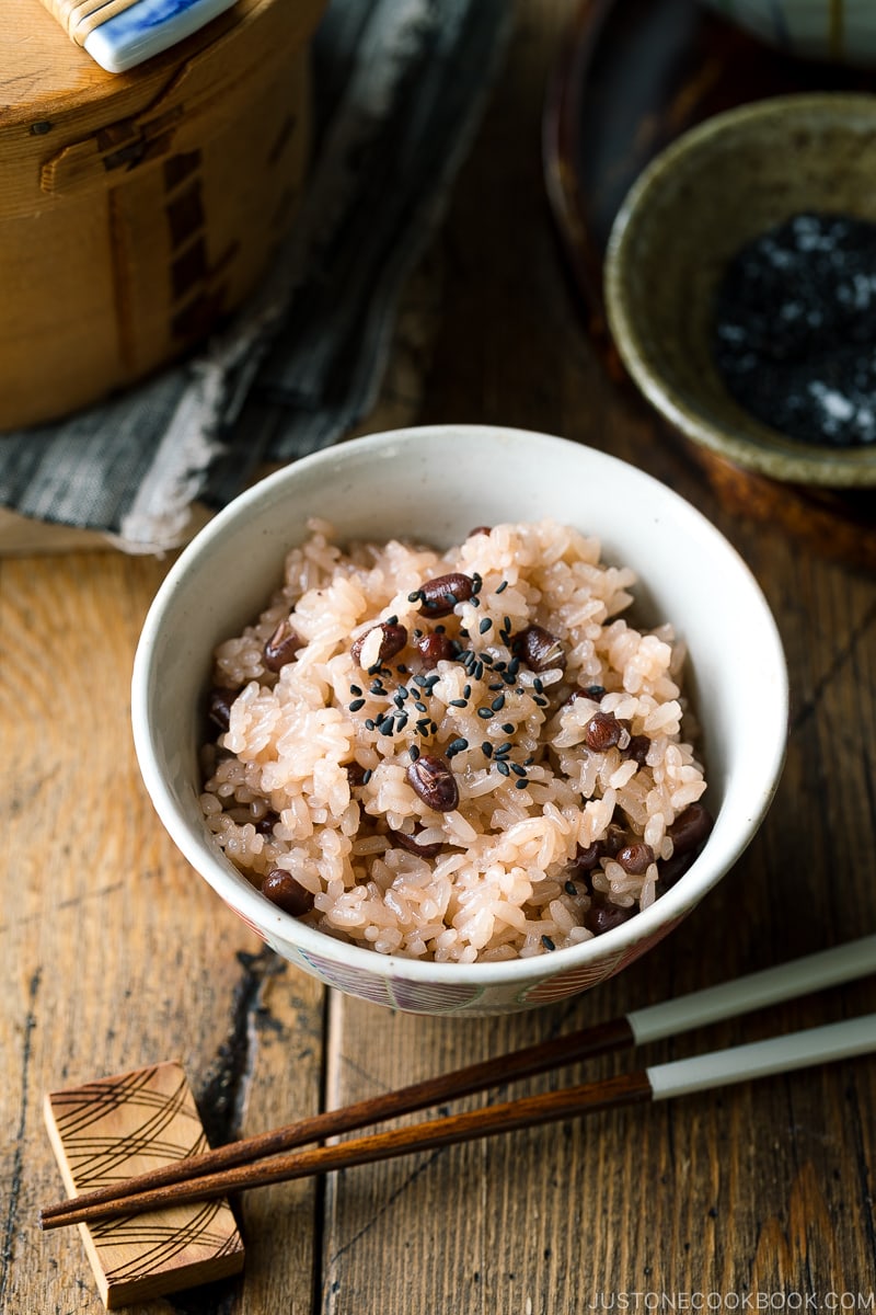 A rice bowl containing Sekihan (Red Bean Rice).