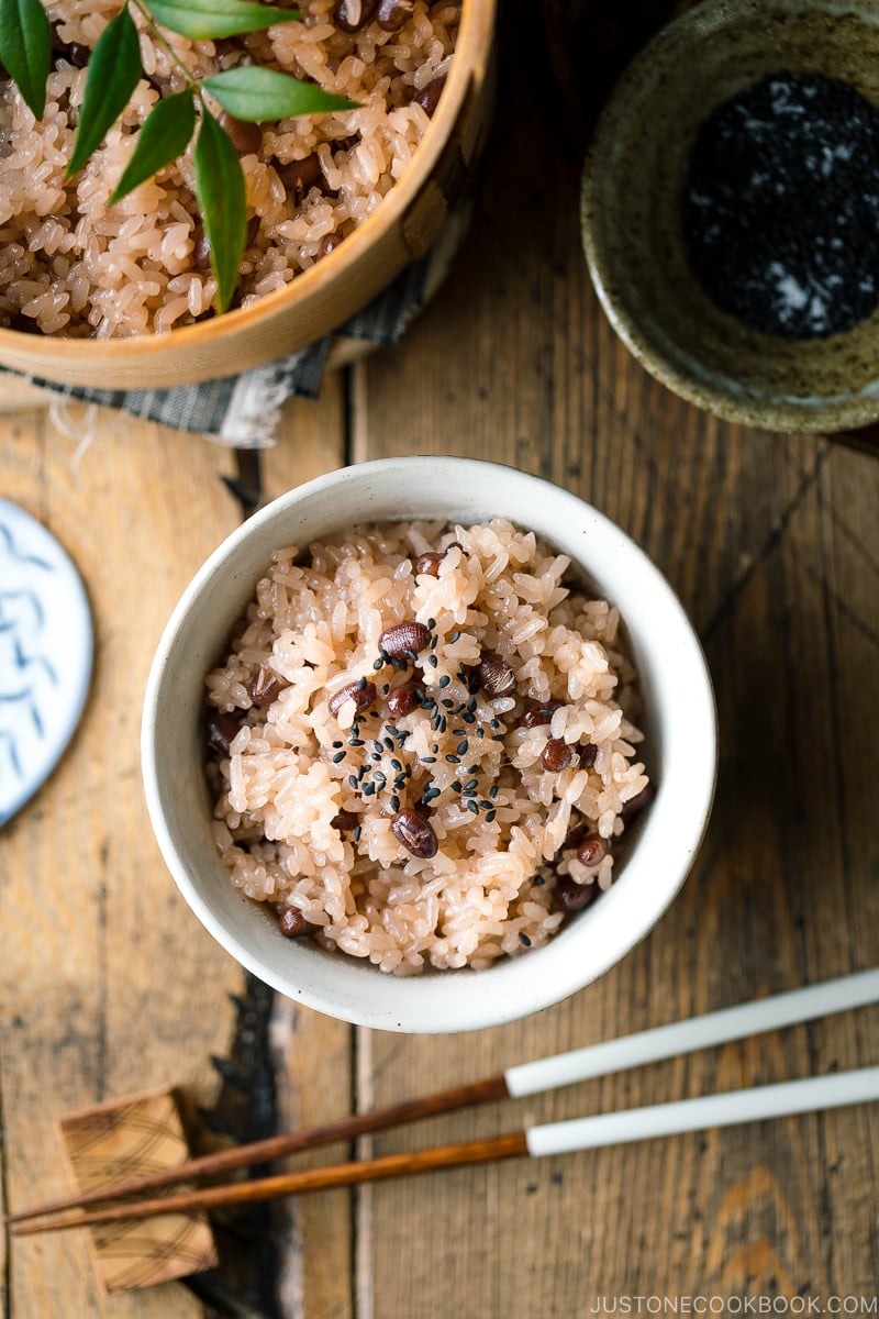 A rice bowl containing Sekihan (Red Bean Rice).