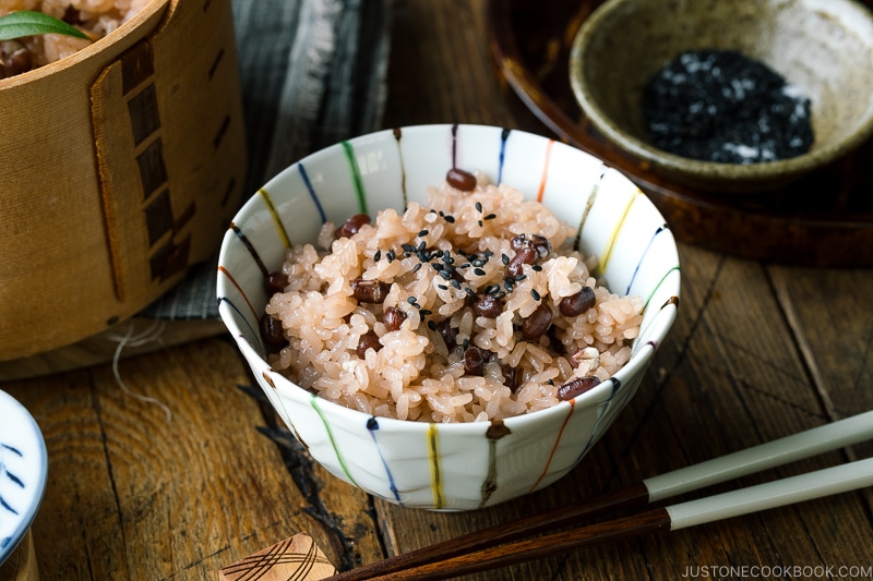 A rice bowl containing Sekihan (Red Bean Rice).