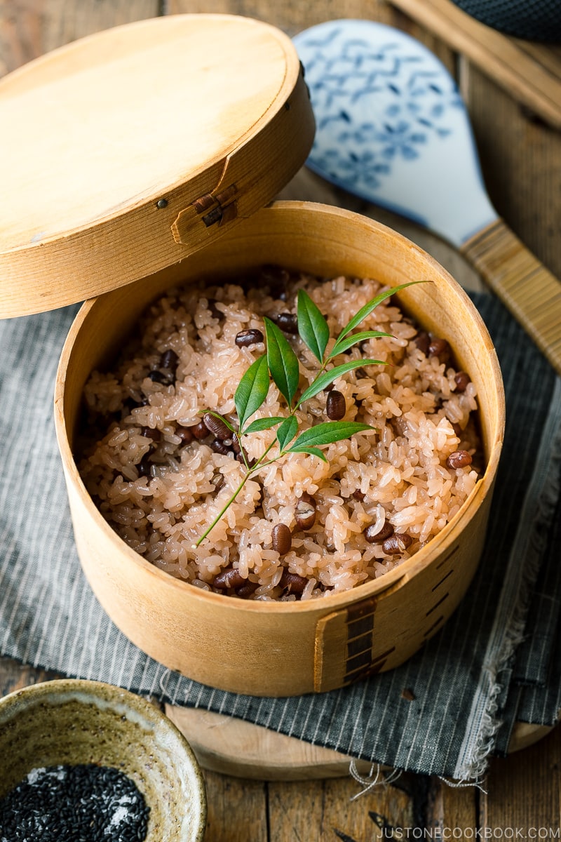 A traditional Japanese rice container (Ohitsu) containing Sekihan (Red Bean Rice).