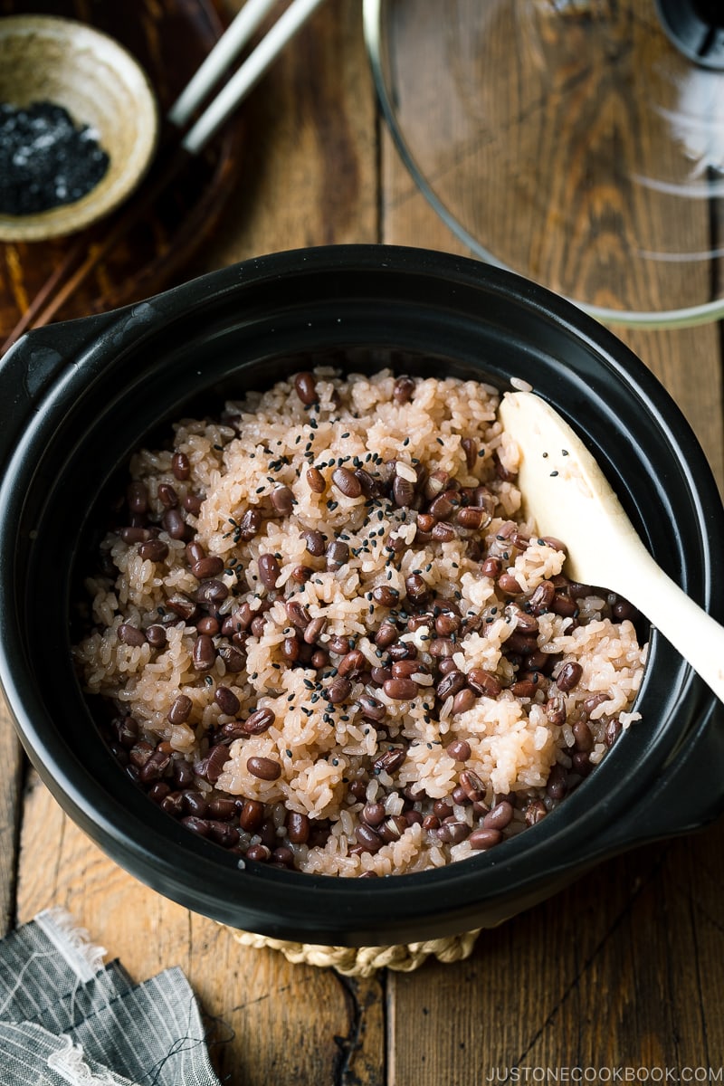 A donabe earthenware rice cooker containing Sekihan (Red Bean Rice).