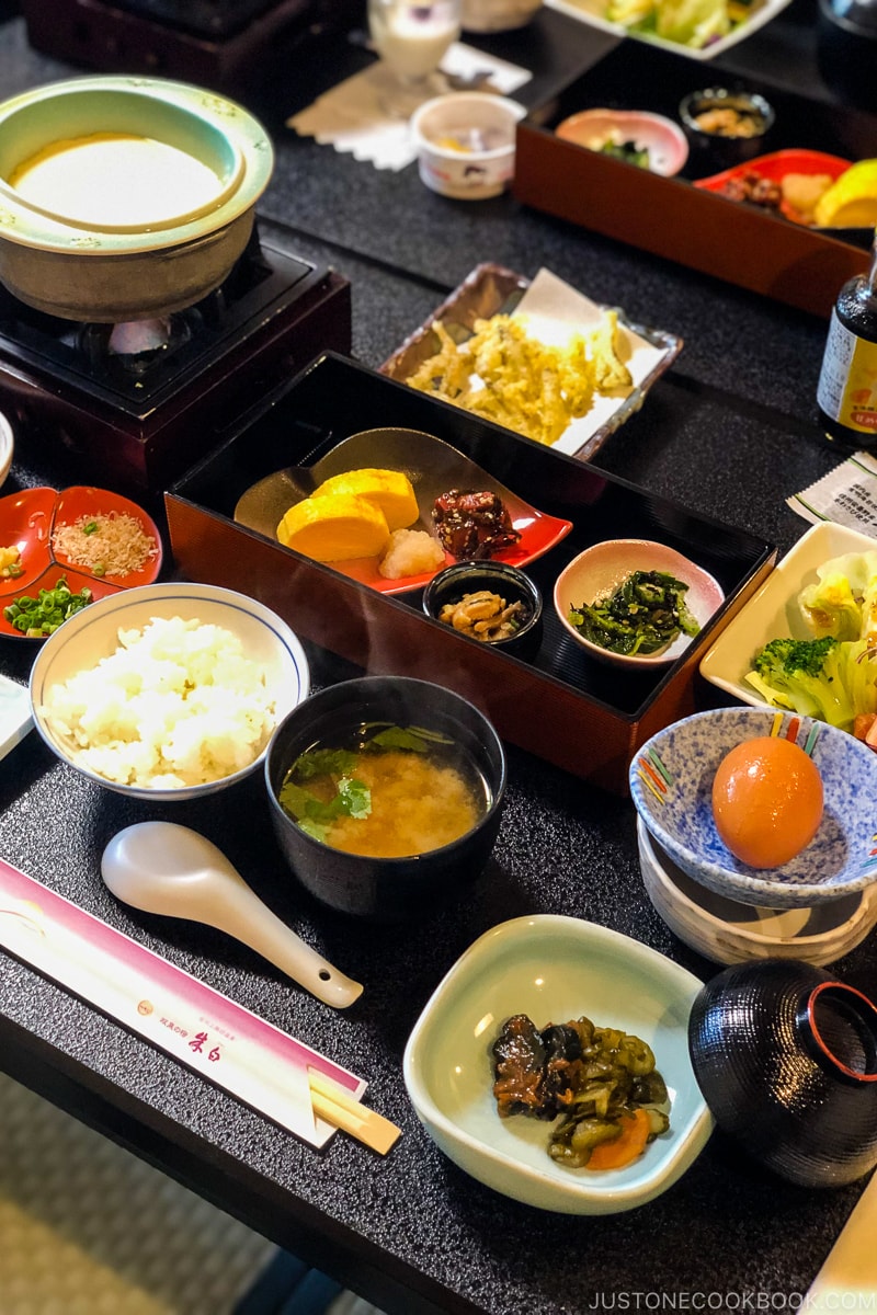 Japanese breakfast served on many small dishes