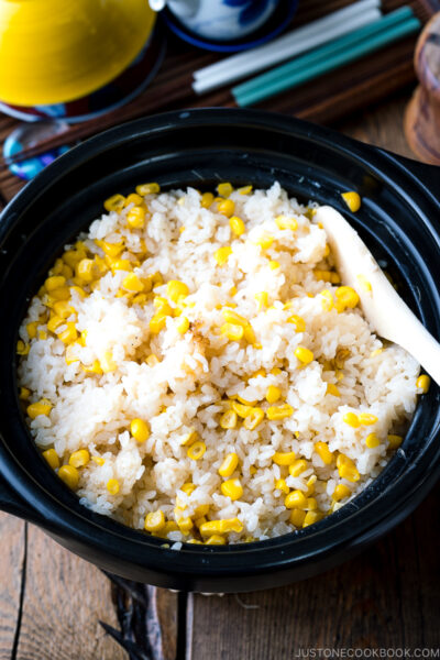 A donabe pot containing Japanese Corn Rice (Butter Shoyu Flavor).