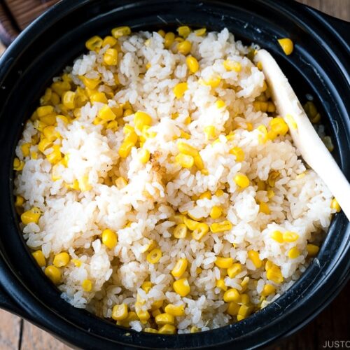 A donabe pot containing Japanese Corn Rice (Butter Shoyu Flavor).