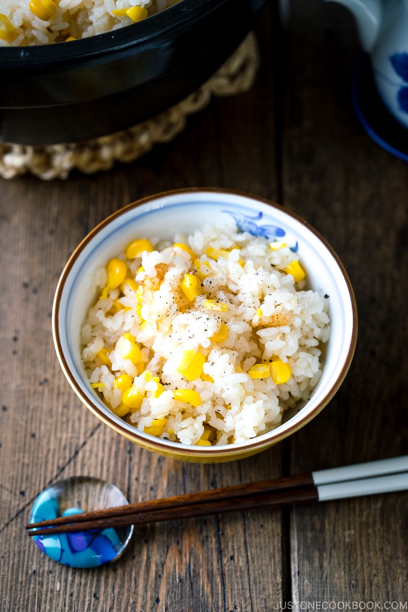 A rice bowl containing Japanese Corn Rice (Butter Shoyu Flavor).