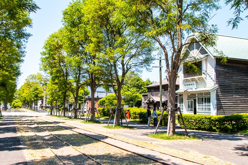 railroad running down the middle of street at Historical Village of Hokkaido