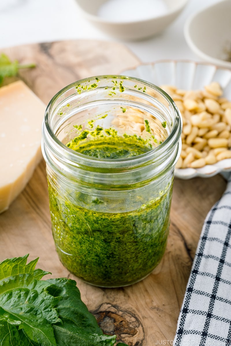 A mason jar containing Homemade Shiso Pesto.