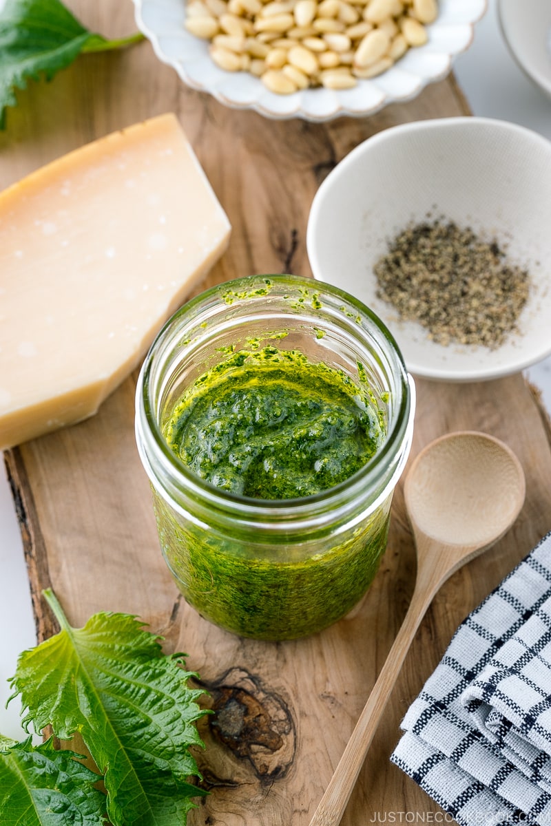 A mason jar containing Homemade Shiso Pesto.