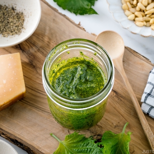 A mason jar containing Homemade Shiso Pesto.