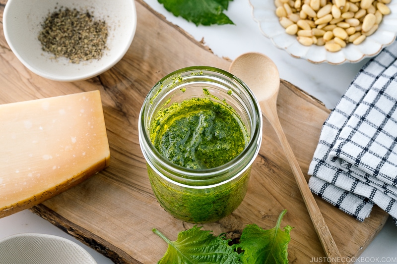 A mason jar containing Homemade Shiso Pesto.