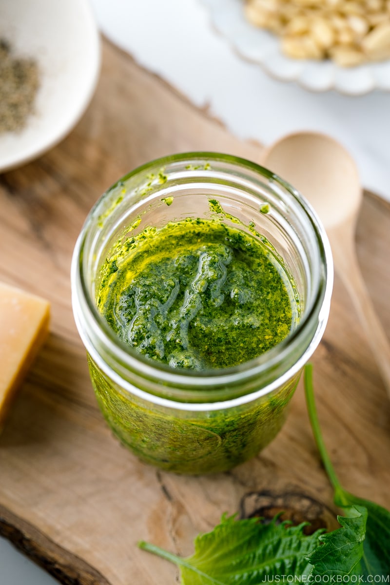 A mason jar containing Homemade Shiso Pesto.