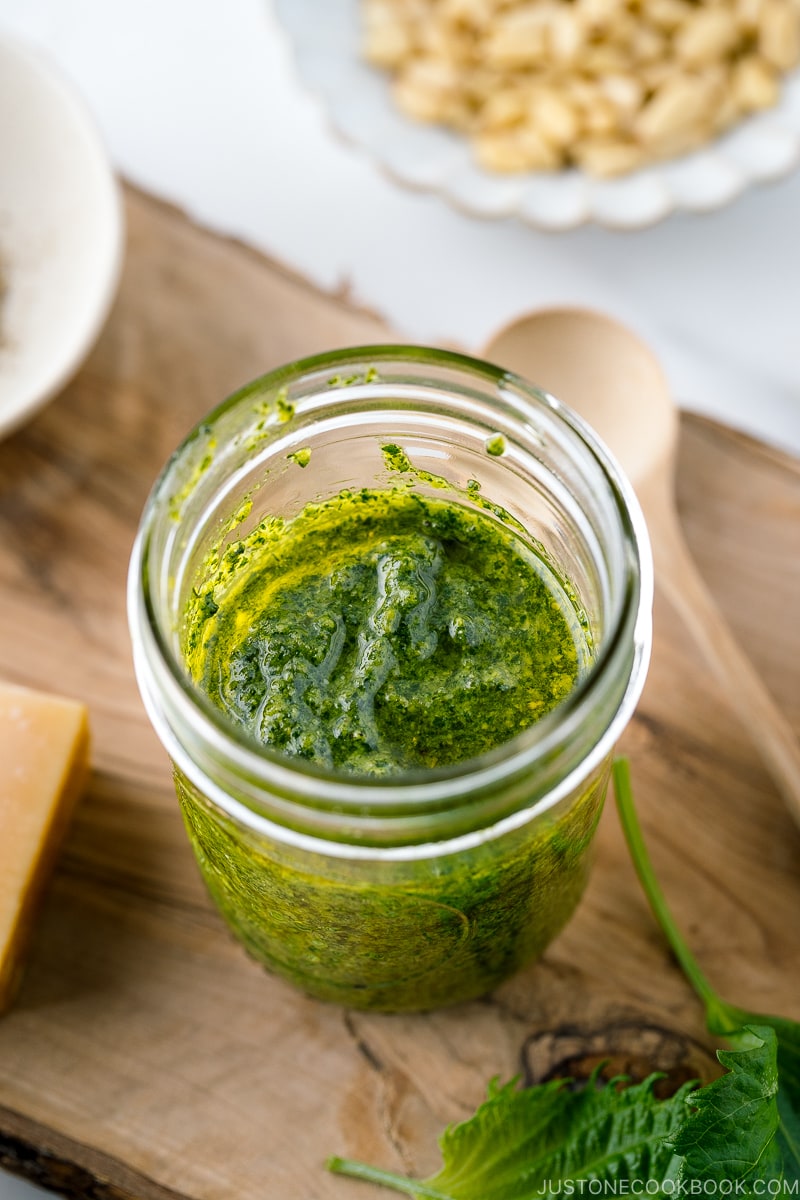 A mason jar containing Homemade Shiso Pesto.