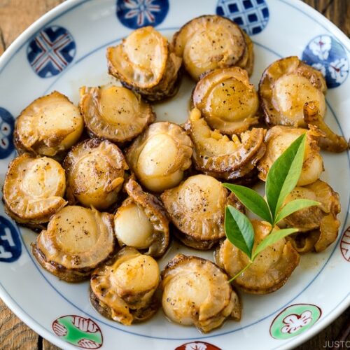 A Japanese plate containing Butter Soy Sauce Scallops.