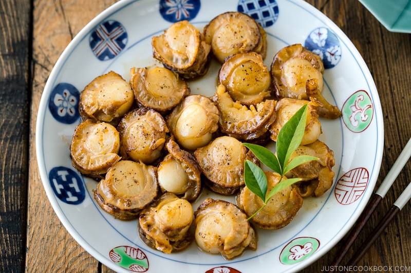 A Japanese plate containing Butter Soy Sauce Scallops.