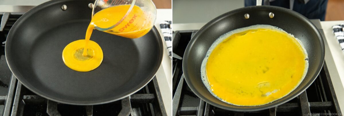 A two-panel image shows whisked eggs being poured into a nonstick frying pan on a stovetop, then spreading to cover the pan&rsquo;s surface as they begin to cook&mdash;a key step in making kinshi tamago, the delicate shredded Japanese omelet.