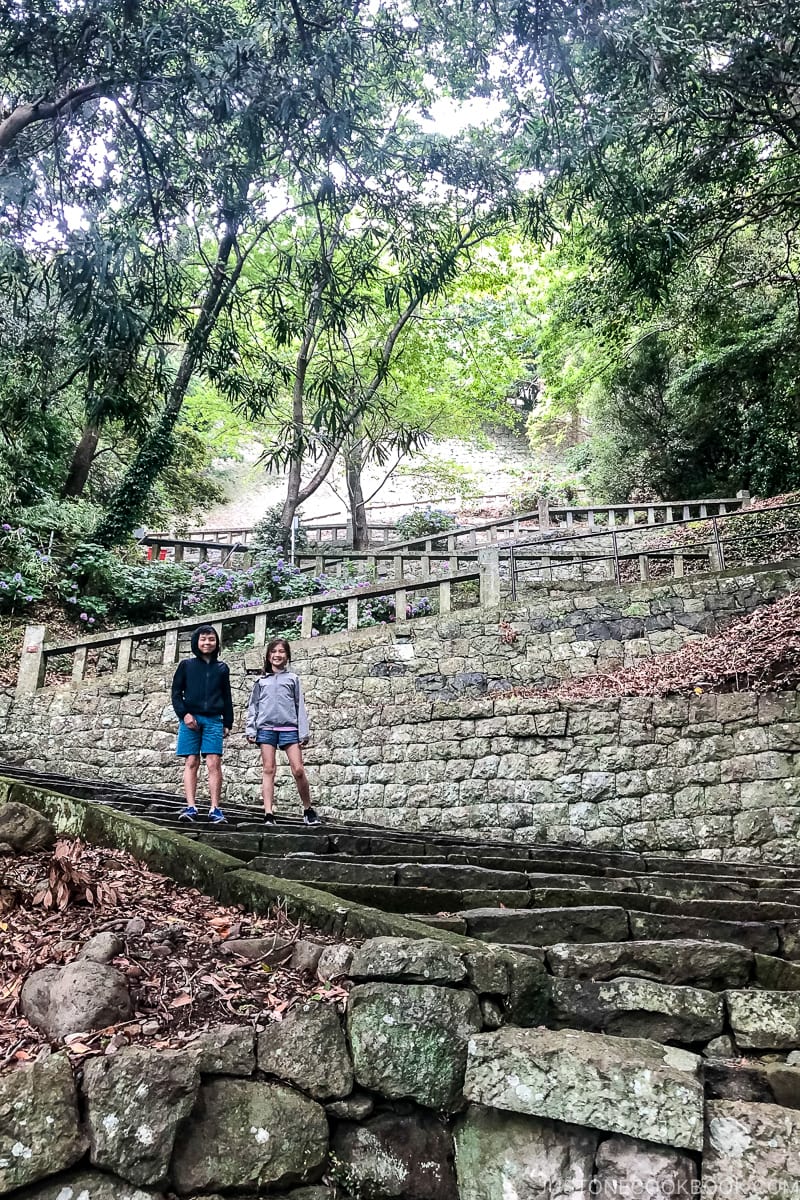 two children standing on stone steps with zig zag incline behind themn