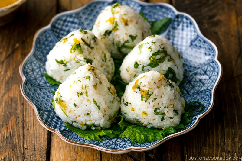 A Japanese plate containing Ume Miso and Shiso Onigiri.