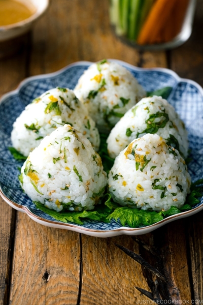 A Japanese plate containing Ume Miso and Shiso Onigiri.