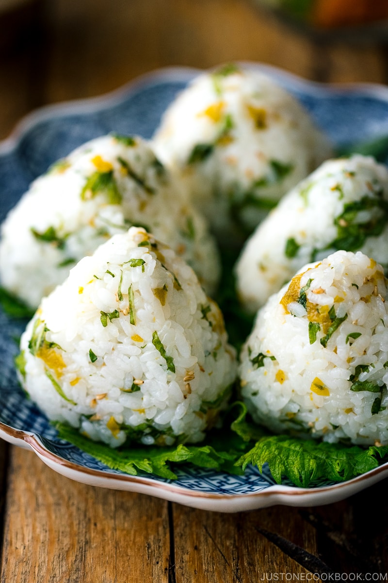 A Japanese plate containing Ume Miso and Shiso Onigiri.