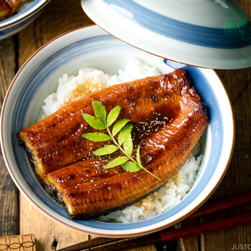 A donburi bowl containing grilled eel fillet over steamed rice.