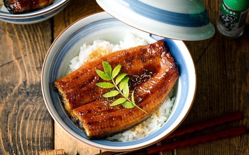 A donburi bowl containing grilled eel fillet over steamed rice.