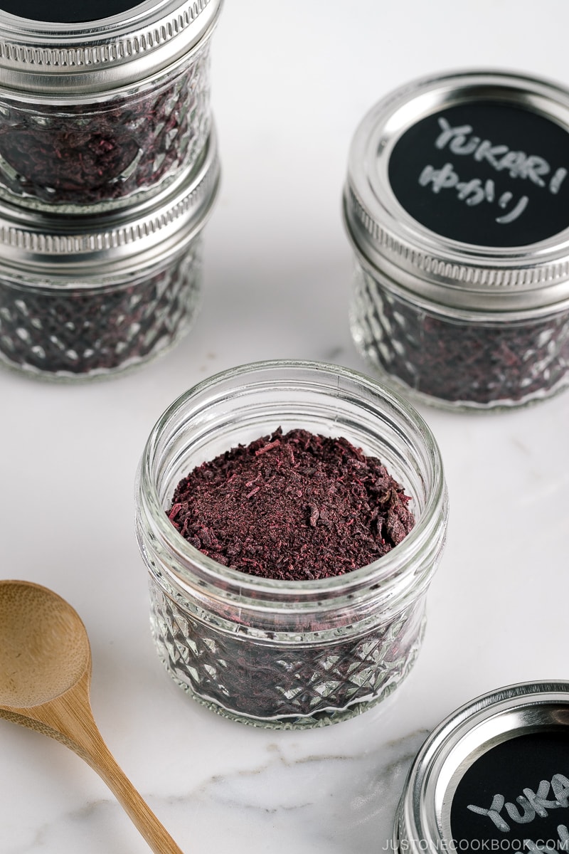 A mason jar containing Yukari Shiso Rice Seasoning.