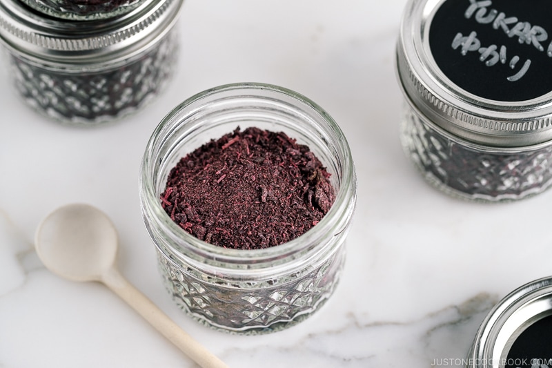 A mason jar containing Yukari Shiso Rice Seasoning.