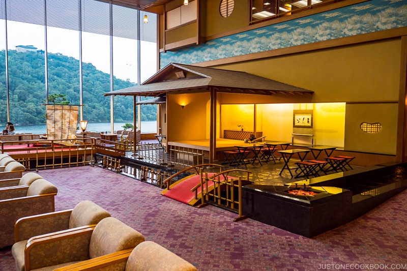 a sitting area in hotel lobby