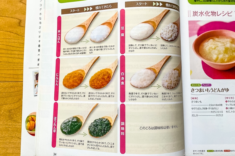 A Japanese baby cookbook explaining the texture of the baby food.