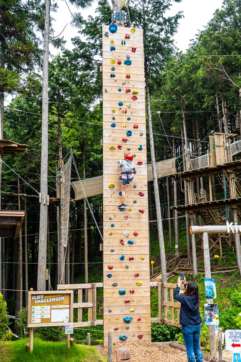 a girl climbing tall wooden wall